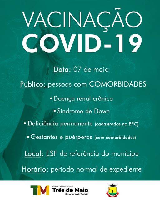 Vacinação contra a Covid-19 em pessoas com comorbidades será realizada na sexta-feira (7) em TM